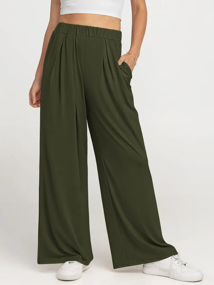 Elastic Waist Wide Leg Palazzo Pants in olive green with pockets