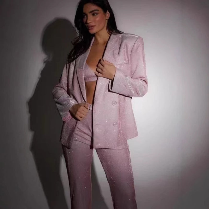 Traje brillante de 3 piezas de manga larga con sujetador, blazer de solapa y pantalones de pernera recta, conjunto de chaqueta de moda para fiesta, ropa de mujer