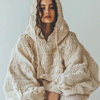 Hooded women's beige oversized knit hoodie with textured patterns.