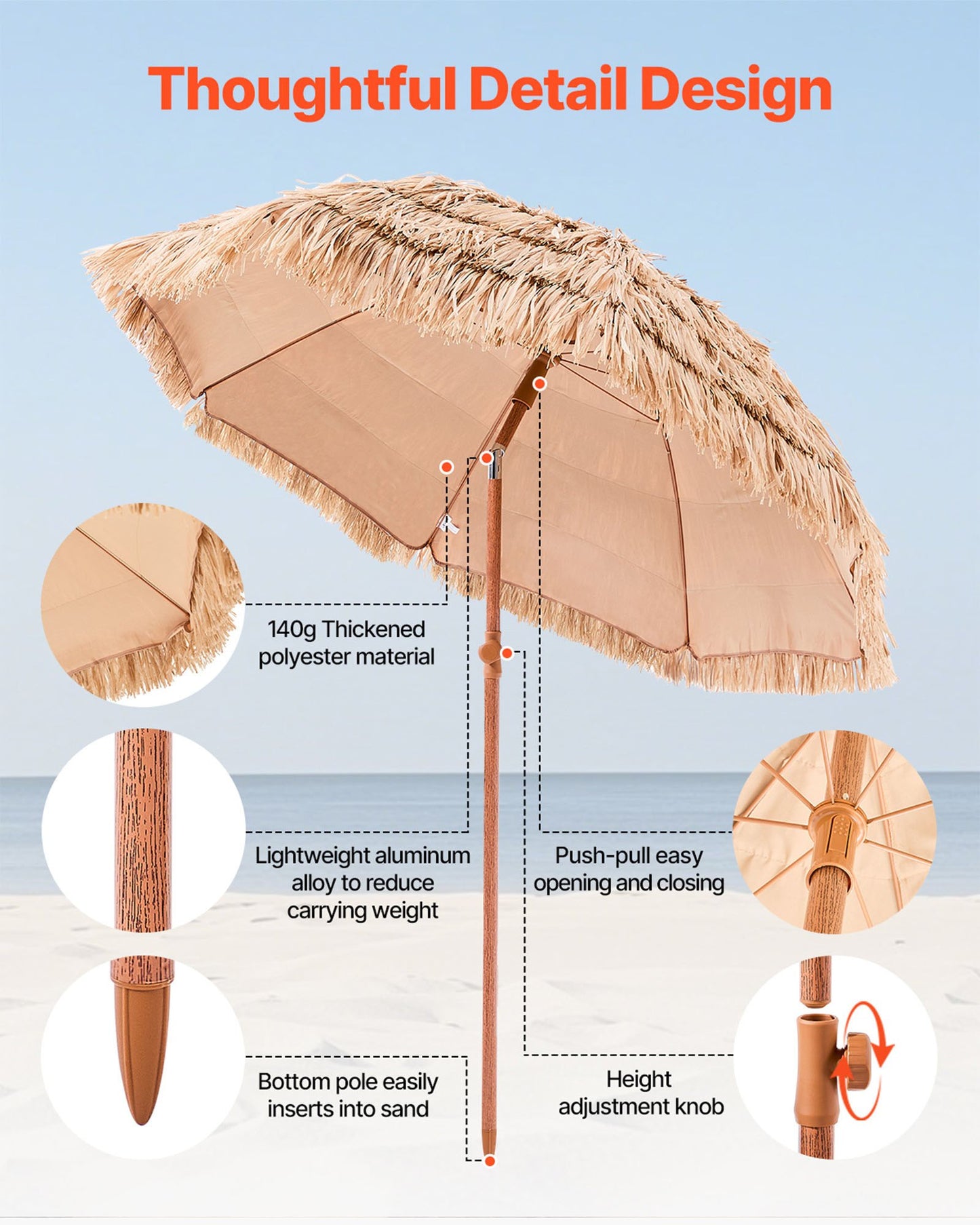Parasol de terrasse en chaume Tiki, 1,8 m, pour piscine, plage