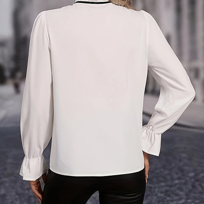 Camisa de manga larga con volantes, ribete liso y lazada para mujer
