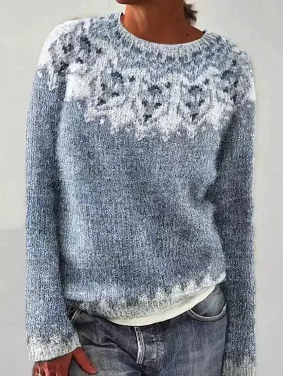 Round-neck loose-fit multicolor boucle knit pullover sweater by AdTec in light gray with white pattern.