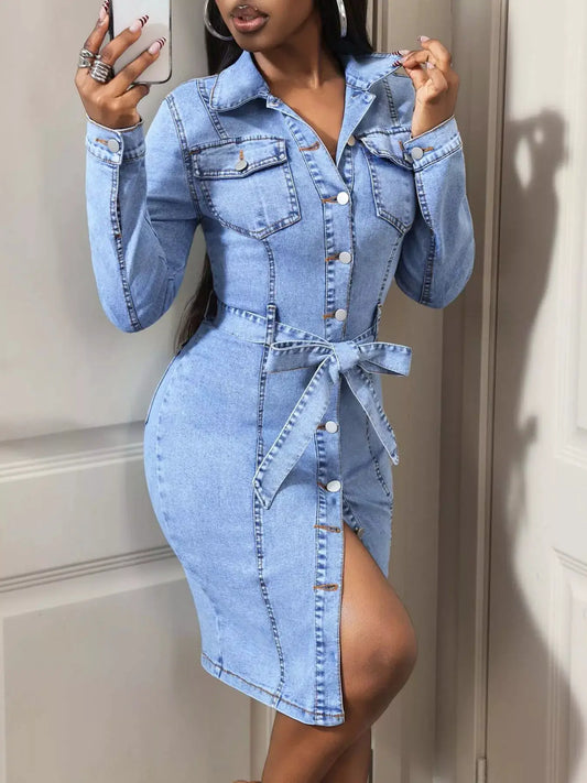 Women's Button-Down Tie-Waist Denim Dress with Side Pockets in light blue, belted waist