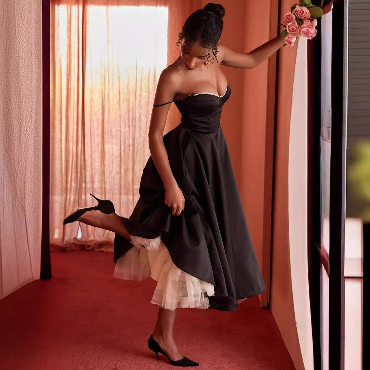 Vestido largo abullonado sin mangas con cuello en V para mujer