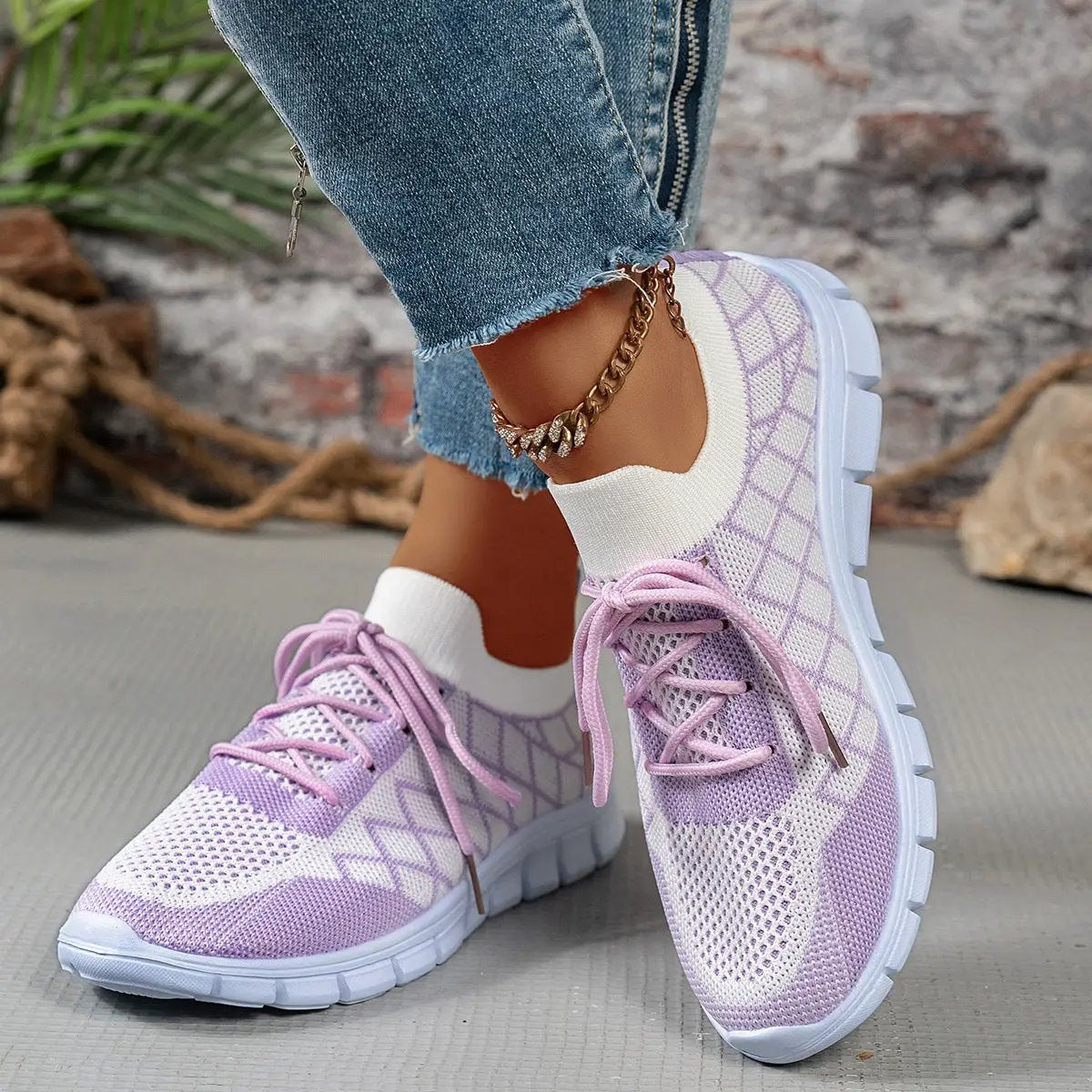 Colorblock plaid lace-up flyknit sneakers, lavender with pink laces, breathable mesh upper and chunky light-blue sole.