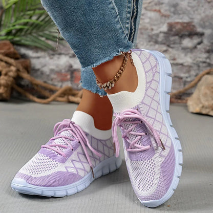 Colorblock plaid lace-up flyknit sneakers, lavender with pink laces, breathable mesh upper and chunky light-blue sole.