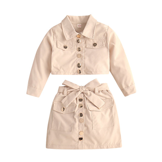Ensemble Jupe Patineuse Nœud Top Veste Manches Longues Revers Courts Transfrontalier