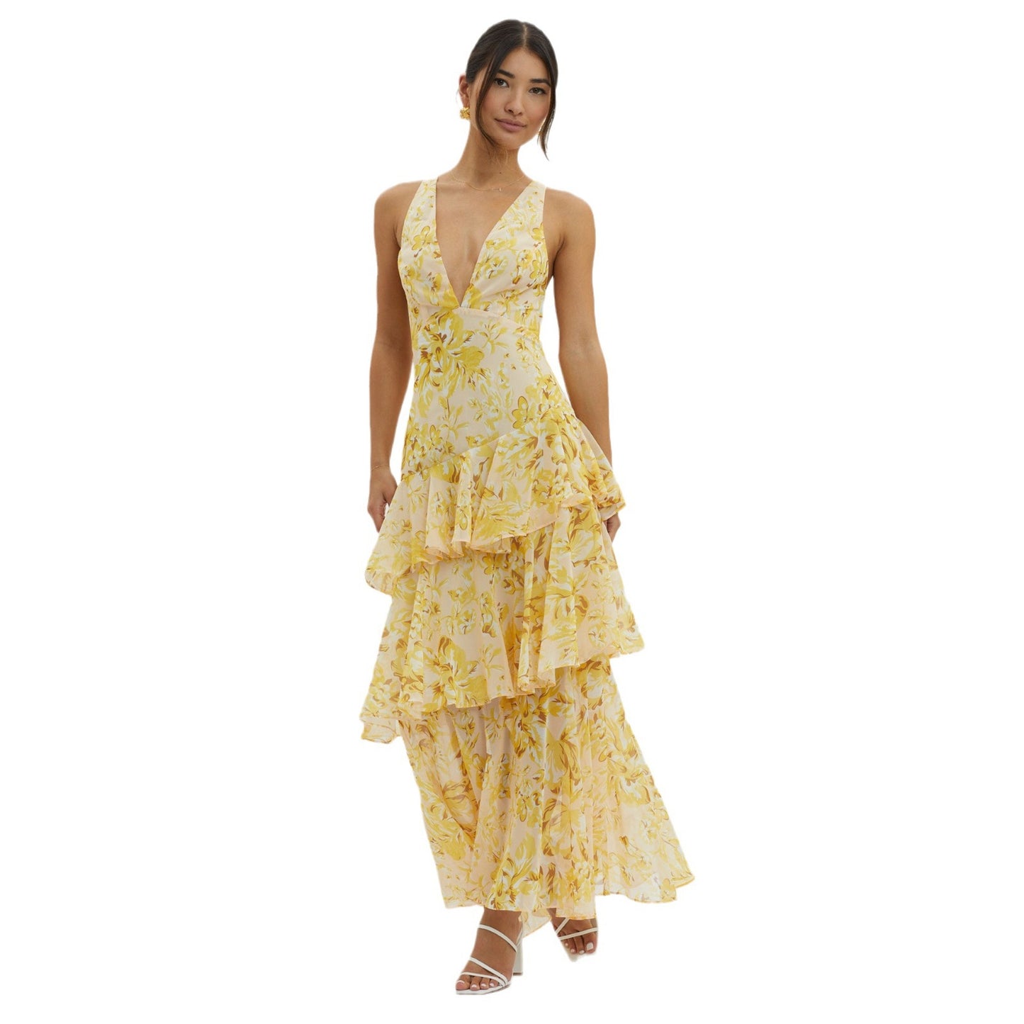 Vestido de mujer con estampado floral, tirantes finos, espalda descubierta y cuello en V de múltiples capas