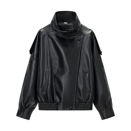 Women's stand-collar black PU leather jacket, loose-fitting bomber with elastic hem.
