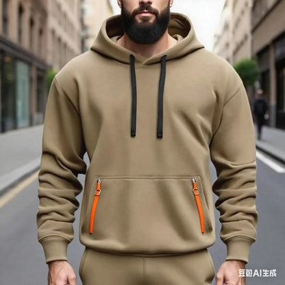 Hoodie AdTec men's fleece-lined tan with black drawstrings and orange zip pockets