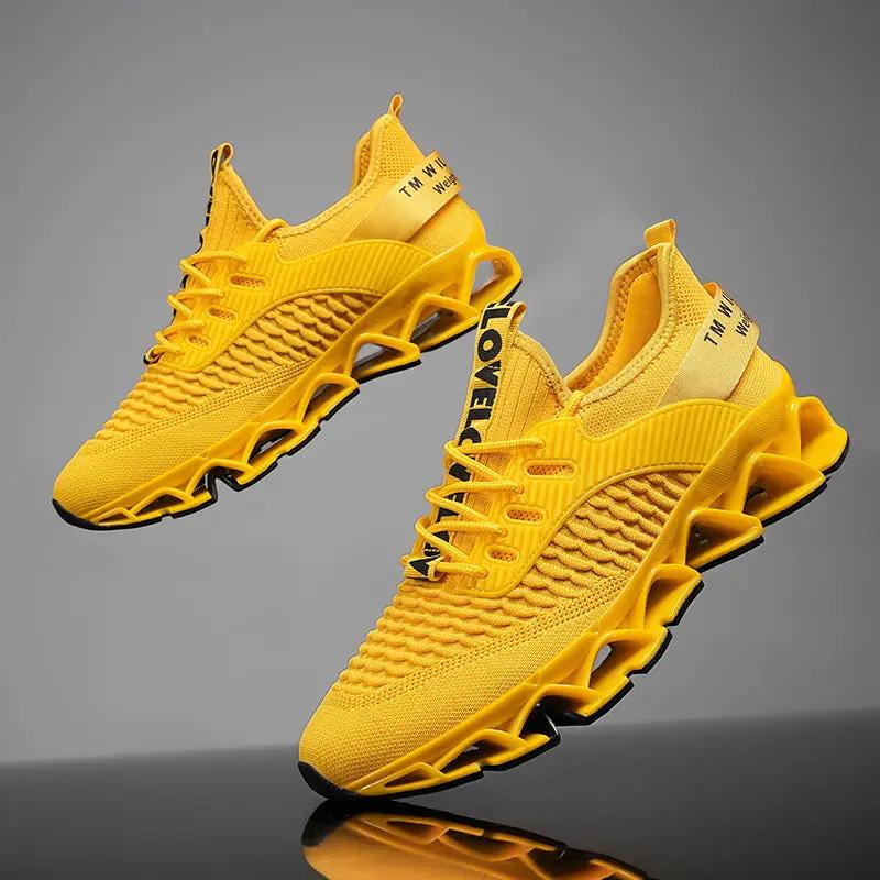 Blade Premium Mesh Running Shoes in bright yellow with subtle lightning trim, two shoes.