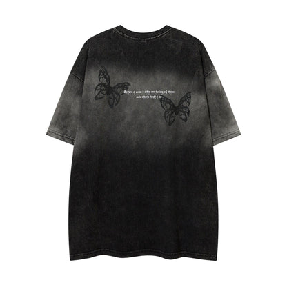 Gradient distressed butterfly embroidery short sleeved shirt
