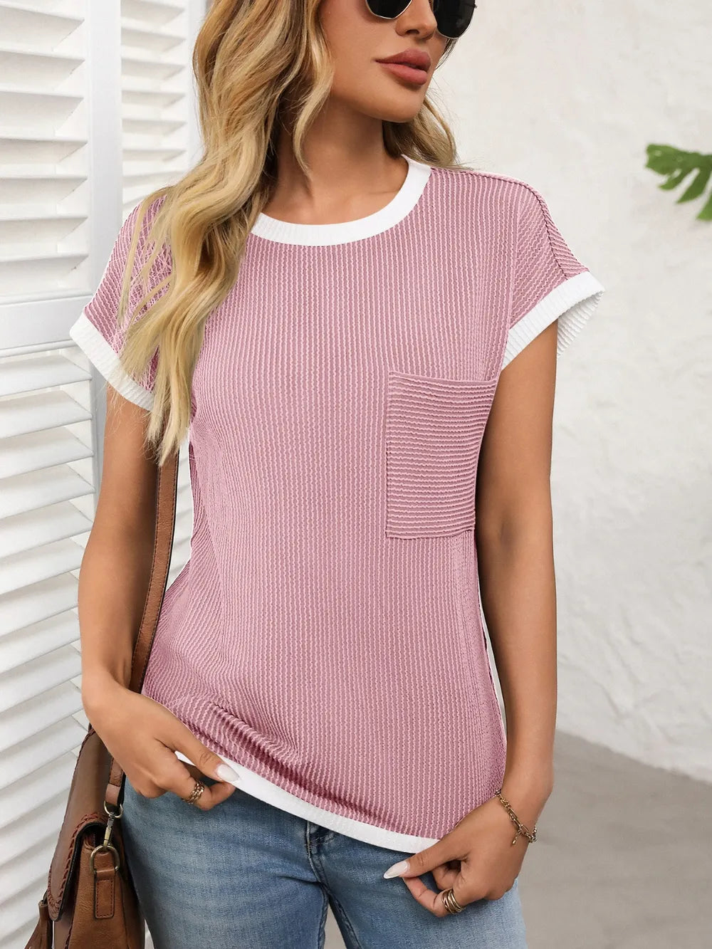 Women's short sleeved T-shirt basic ribbed knit T-shirt