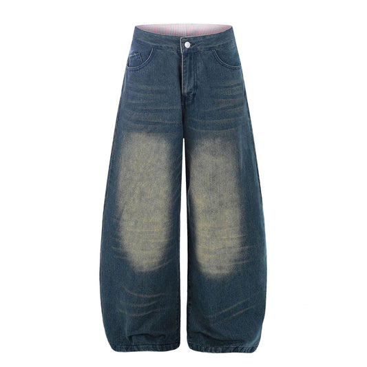 Pantalon long délavé, taille haute, coupe ample et large, jambe droite et étroite