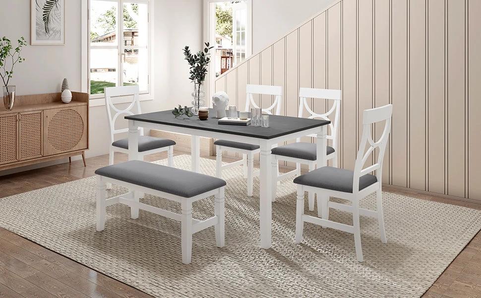 TOPMAX 6-Piece Wood Dining Table Set Kitchen Table Set with Upholstered Bench and 4 Dining Chairs, Farmhouse Style Gray+White by eprolo