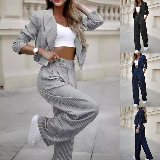 Trajes de rayas de moda primaveral para mujer, tops cortos casuales de manga larga con solapa y pantalones rectos, ropa de mujer