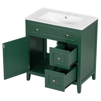 30" Bathroom Vanity with Sink Top, Bathroom Vanity Cabinet with Door and Two Drawers, Solid Wood Frame, One Package, Green by eprolo