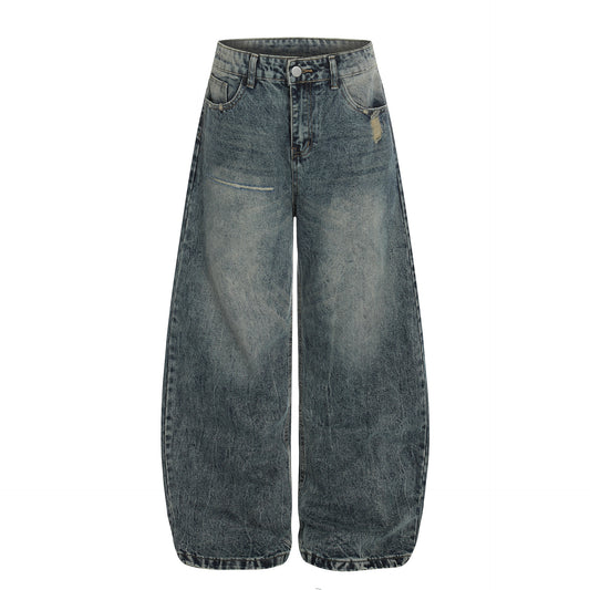 Pantalones vaqueros anchos de tiro alto con efecto desgastado, corte recto y holgado, con pliegues, versátiles y de largo hasta el suelo.