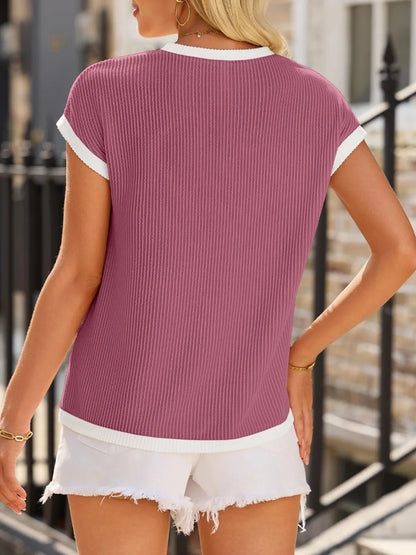 Women's short sleeved T-shirt basic ribbed knit T-shirt