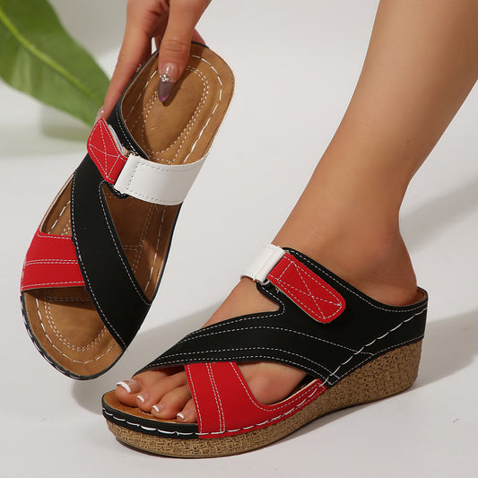 Sewing Line Lightweight Wedge Velcro Multicolor Shoes by AdTec; red, black and white straps with cork wedge sole, pair