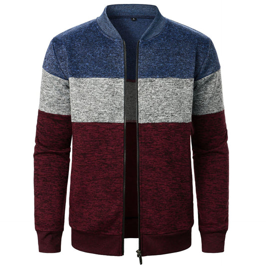 Men's heavyweight color-block knit sweater by AdTec with blue, gray and burgundy blocks