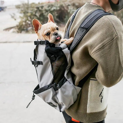 Dog carrier backpack by AdTec; gray portable pet bag with mesh pocket and double-shoulder straps