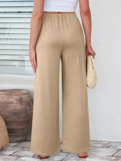 Elastic Waist Wide-Leg Palazzo Pants in beige, flowy silhouette
