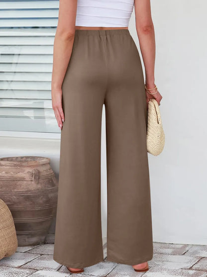 Elastic Waist Wide-Leg Palazzo Pants in taupe color, wide-leg palazzo silhouette