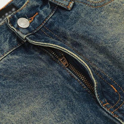 Color blocked yellow mud dyed washed denim jeans by eprolo