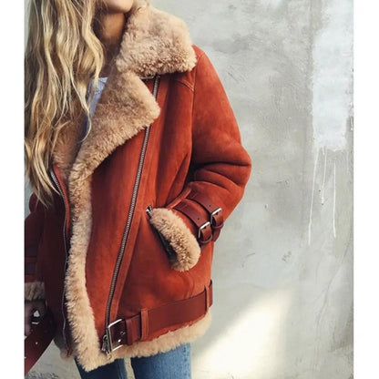 Women's faux shearling jacket in burnt orange with plush collar, zip front and belted waist