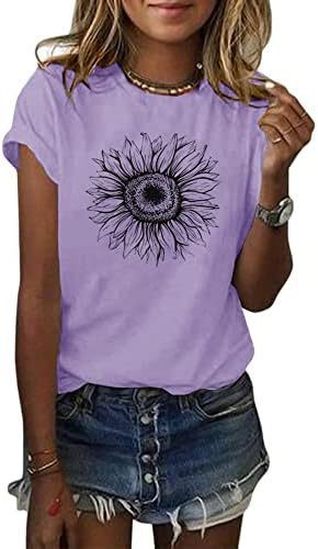 Camiseta de manga corta para mujer con estampado de girasol, top holgado de verano