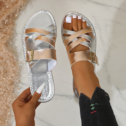 Pantoufles plates à tête ronde et à couleurs assorties pour femmes, grandes tailles