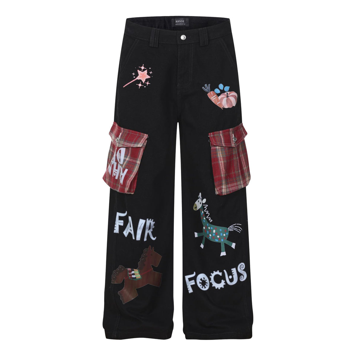 Casual wide-leg black denim pants for women with red plaid cargo pockets and cartoon prints by eprolo