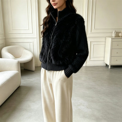Stand up collar cardigan, double zipper long sleeved sweater