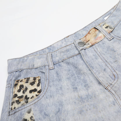 Leopard print denim cropped pants, light washed denim with leopard-pocket detailing, unisex loose wide-leg.
