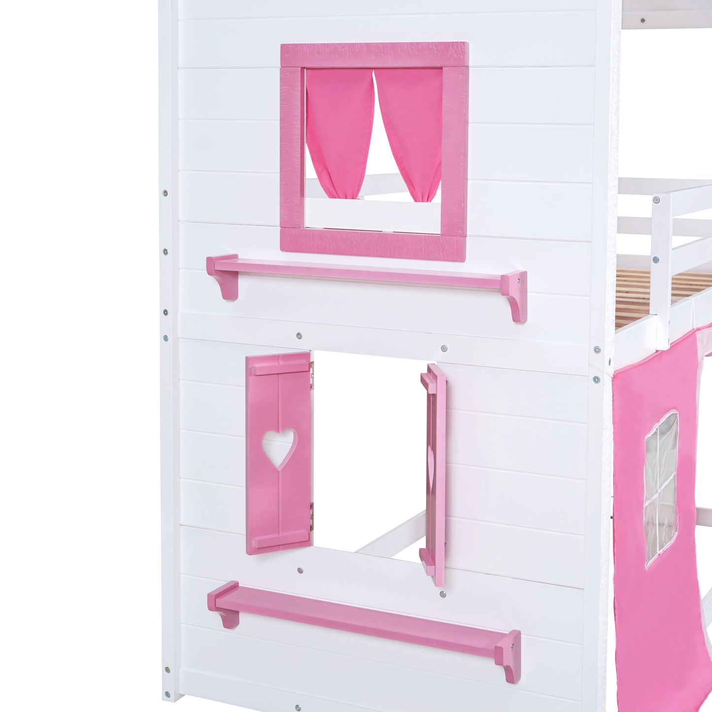 Cama de literas de madera individual con elegantes ventanas, alféizares y tienda de campaña, rosa + blanco