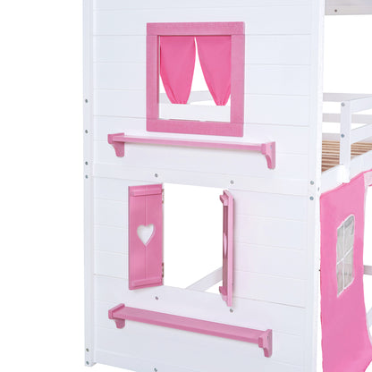 Cama de literas de madera individual con elegantes ventanas, alféizares y tienda de campaña, rosa + blanco