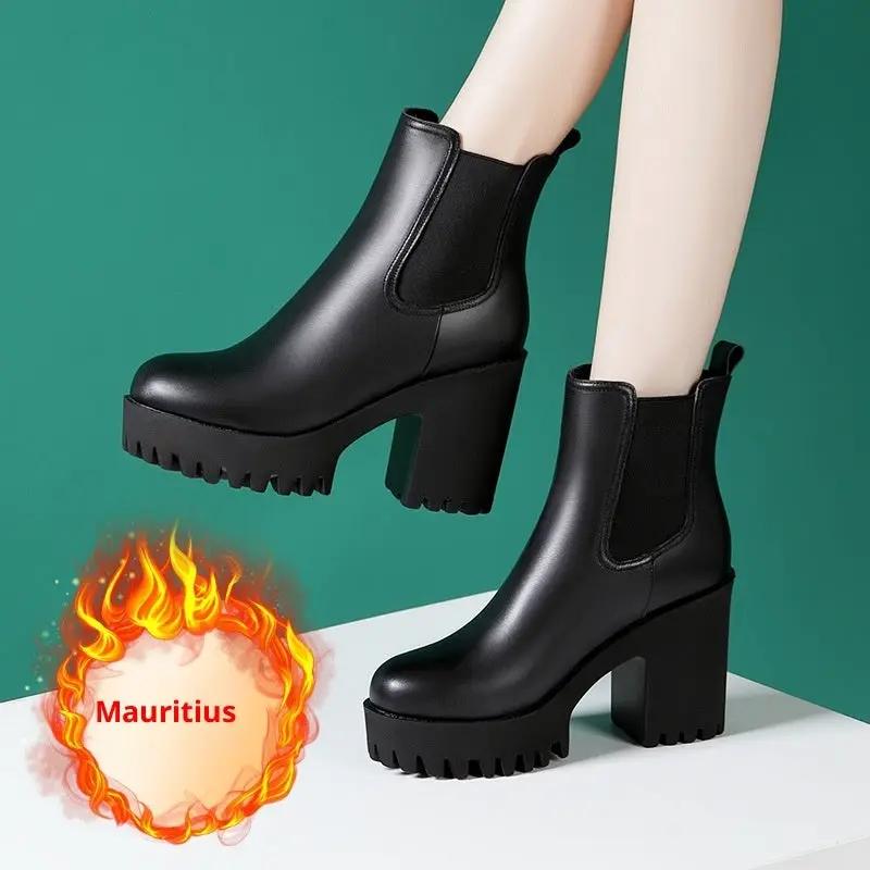 Women's black genuine leather mid-calf boots with a chunky platform heel and elastic side panels