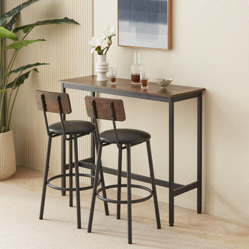 Ensemble table de bar avec 2 tabourets de bar, assise en PU souple avec dossier, marron rustique