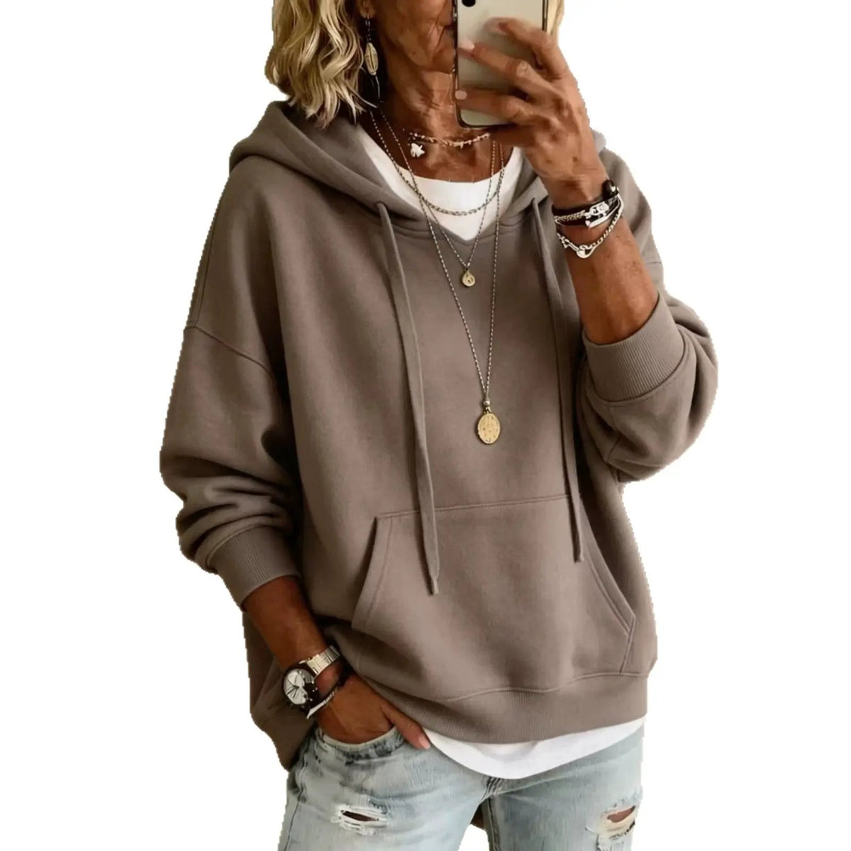 Womens casual hoodie, taupe loose-fitting with pockets, drawstrings and long sleeves