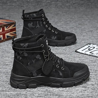 AdTec men's high-top hiking boots in black with camo panels and a rugged lug outsole (2 boots shown)