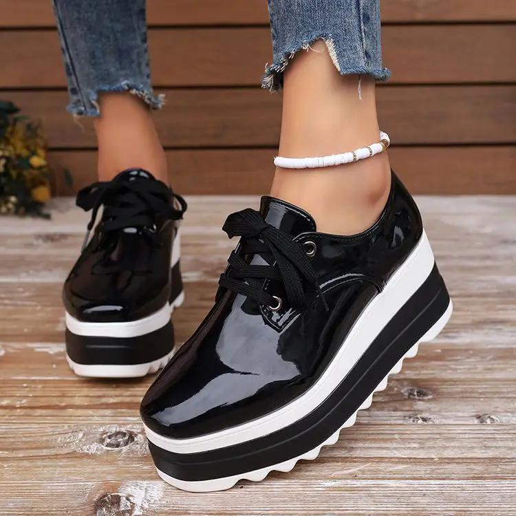 Womens lace-up square-toe patent leather platform wedge heels, black patent with white sole, 2 shoes shown