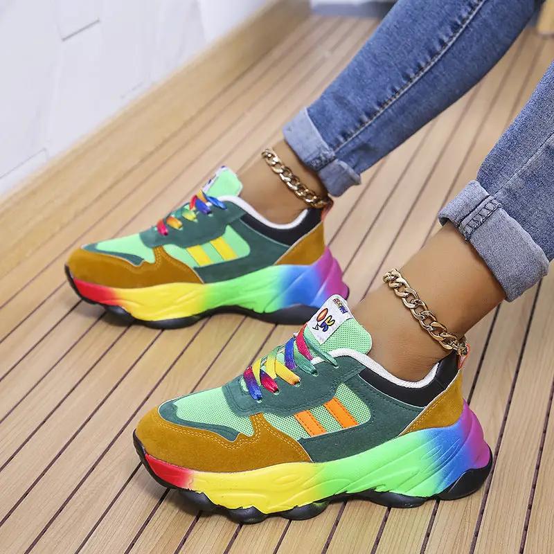 Pumps women's multicolor chunky-sole sneakers pair with rainbow gradient sole and front lace by AdTec