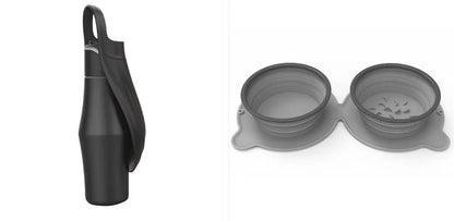 AdTec black portable dog water bottle with strap and leaf-design silicone dual-bowl set