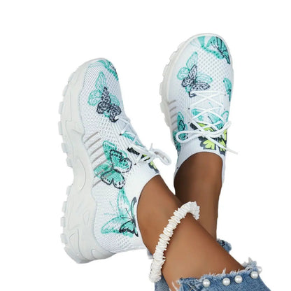 AdTec women's butterfly-print mesh sneakers, white with teal butterflies, lace-up casual running shoes.