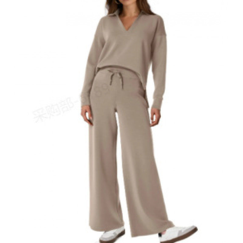 Chándal deportivo para mujer, conjunto de blusa de manga larga con cuello en V y pantalones rectos con cordón, conjunto de pantalones casuales de color liso