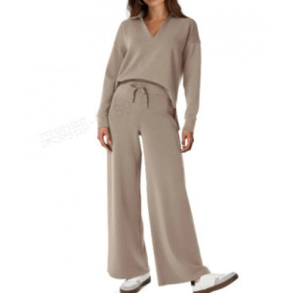 Chándal deportivo para mujer, conjunto de blusa de manga larga con cuello en V y pantalones rectos con cordón, conjunto de pantalones casuales de color liso