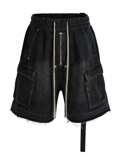 Men's black denim cargo shorts with drawstring waist, front zipper, and cargo pockets
