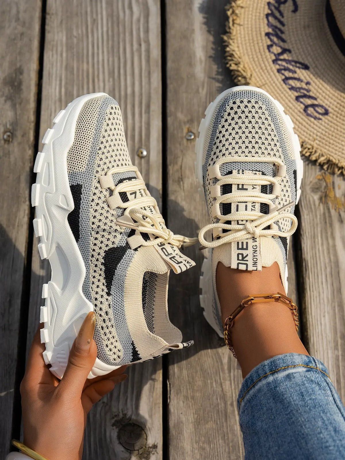 AdTec flyknit mesh women's sneakers in beige and cream with breathable knit upper and chunky white sole (two pairs)
