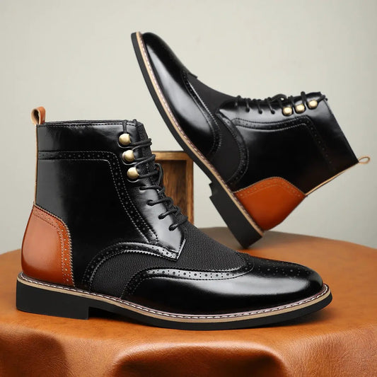 Boots: British Superior High Top Color Block Leather Boots, black with tan heel panel, lace-up, two boots on display.